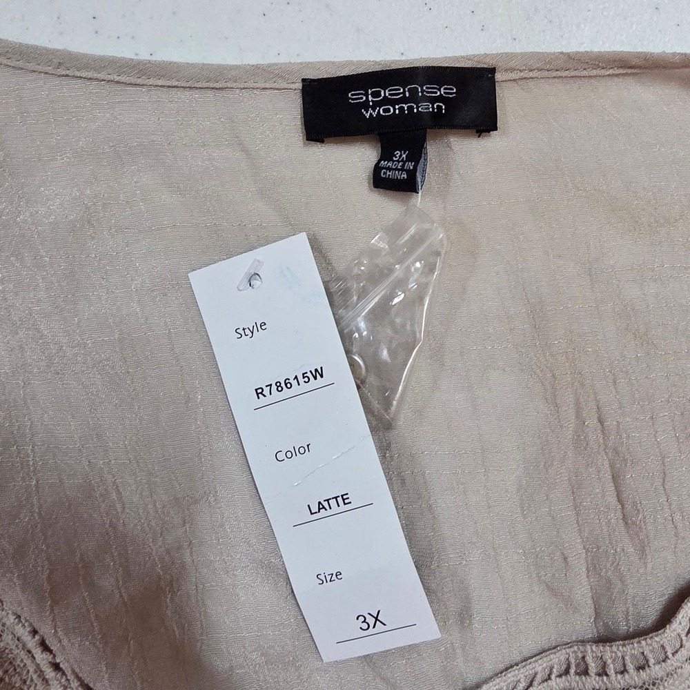 Spense Woman Latte Beige Crochet Lace Trim V-Neck Gauze Blouse 3X NWT - Picture 6 of 8